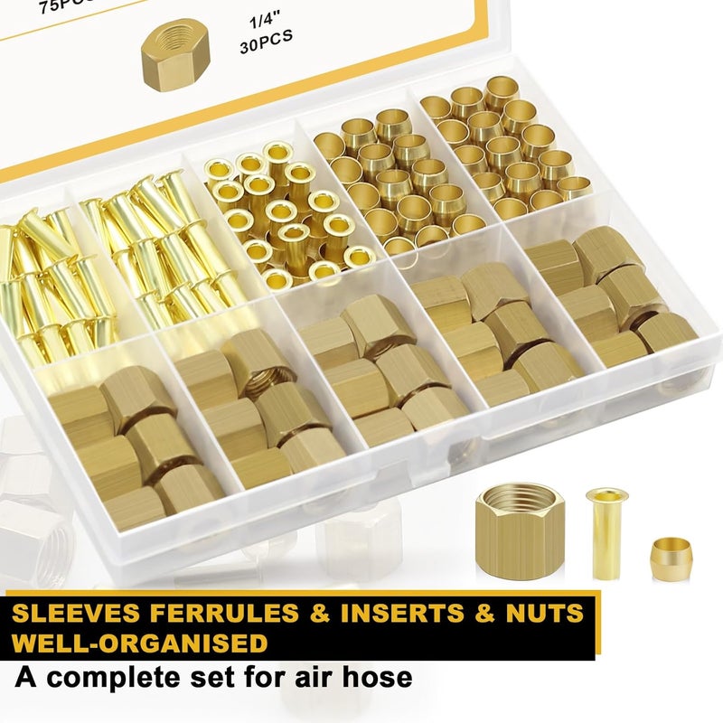 Siptenk 180PCS 1/4" Brass Compression Fittings Sleeves Ferrules Inserts Nuts Assortment Kit, Brass Ferrule Tubing Insert for Air Hose Lines - Image 5